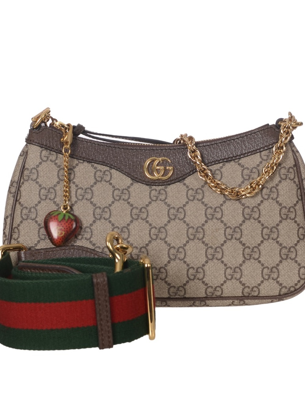 ♥️Gucci Ophidia Beige GG Supreme Canvas Shoulder Tote with Green-Red Strap♥️